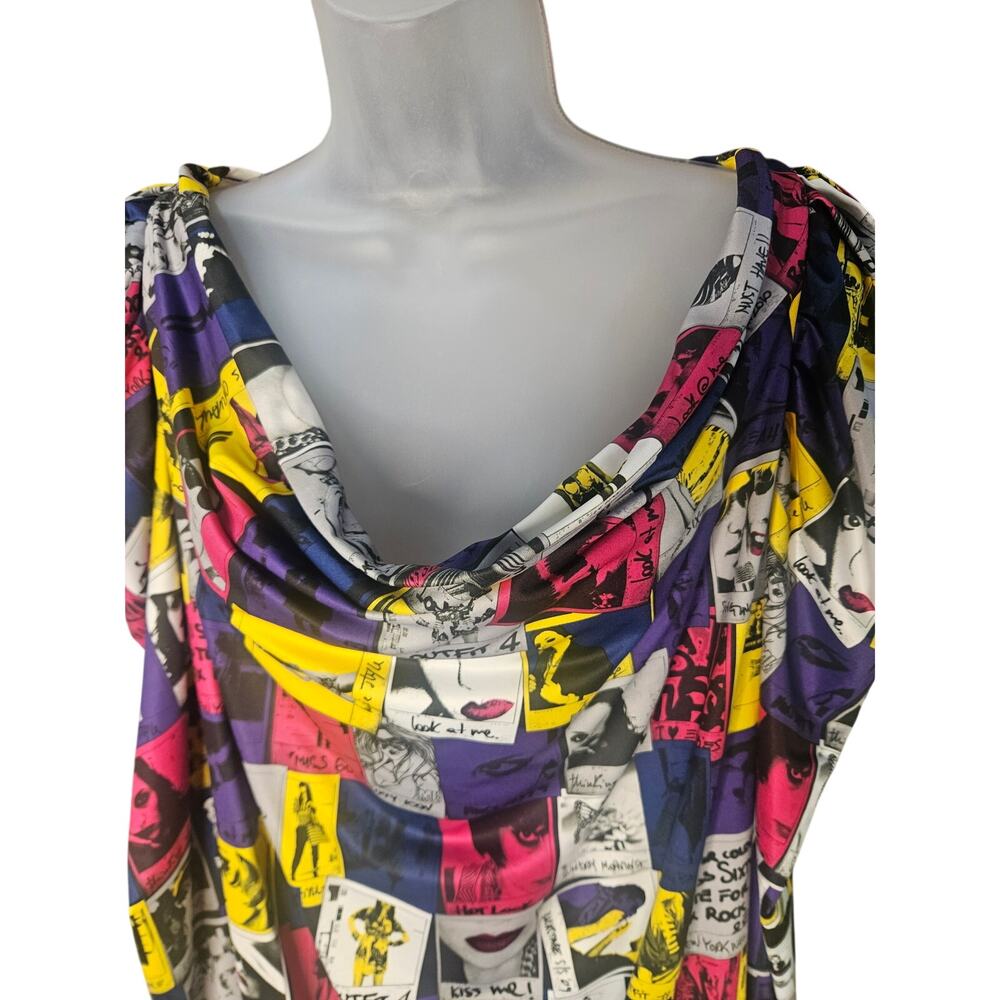 Miss Sixty Mini Dress Sz S Vintage Y2K Pop Art Cowl Neck Puff Sleeves NWT - Picture 5 of 10